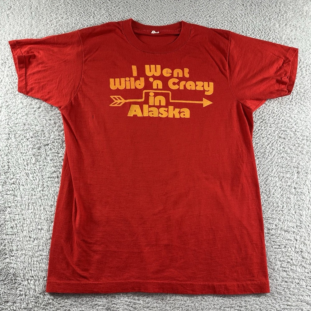 VINTAGE Alaska Shirt Mens Small Red 70s 80s Poly Single Stitch I Went‎ Wild In